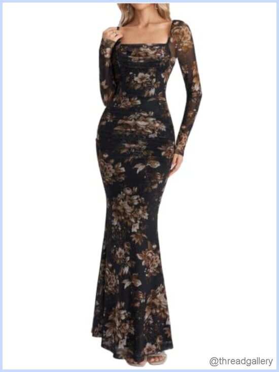 Dresses & Skirts - Long Sleeve Corset Maxi Dress Formal Wedding Guest Bodycon Mesh
